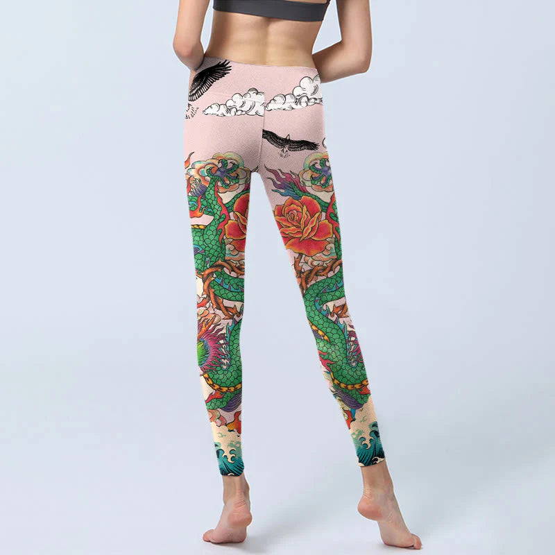 Buddha Stones Dragon Rose Eagle Waves Auspicious Clouds Pattern Gym Leggings Women's Yoga Pants