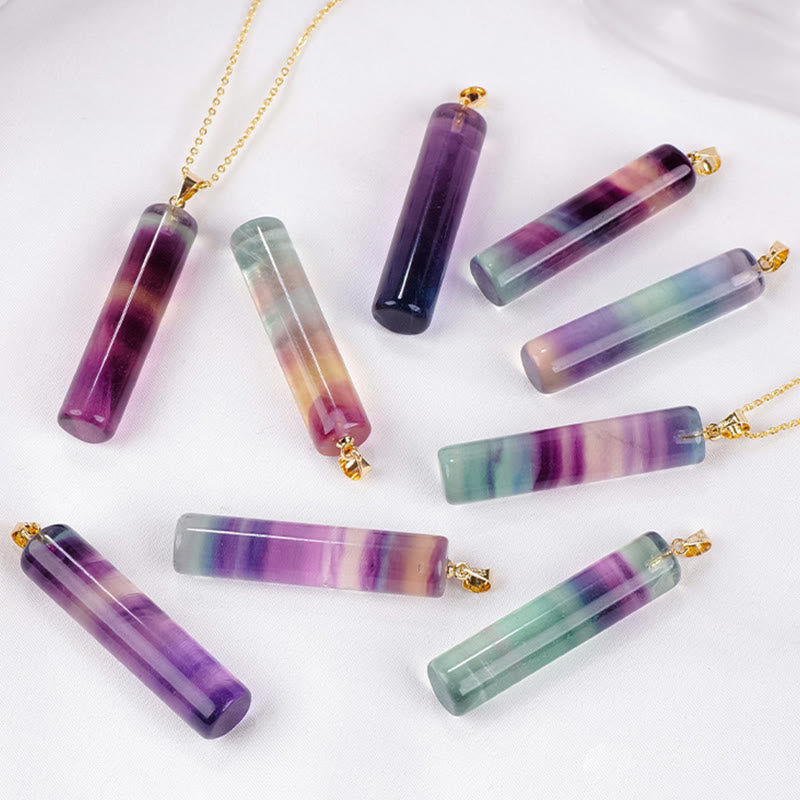Buddha Stones Natural Colorful Fluorite Cylindrical Protection Necklace Pendant