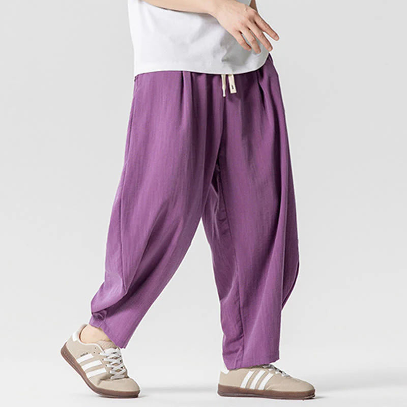 Buddha Stones Summer Pure Color Drawstring Men's Cotton Ankle-Length Pants With Pockets