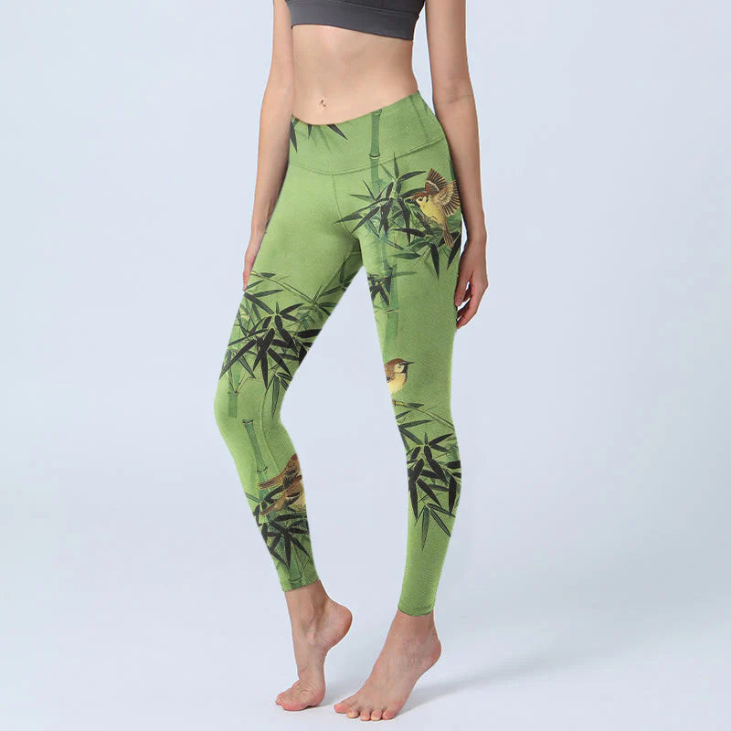 Buddha Stones Elegant Bird Bamboo Leaf Pattern Print Gym Leggings Women's Yoga Pants