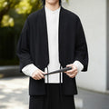 Buddha Stones Solid Color Open Front Long Sleeve Corduroy Jacket Men's Kimono Cotton Linen Shirt