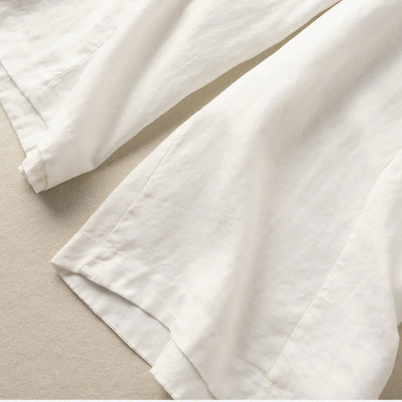 Buddha Stones Plain Color 7-8 Length Capri Cropped Pants Cotton Linen Women's Wide Leg Pants With Pockets