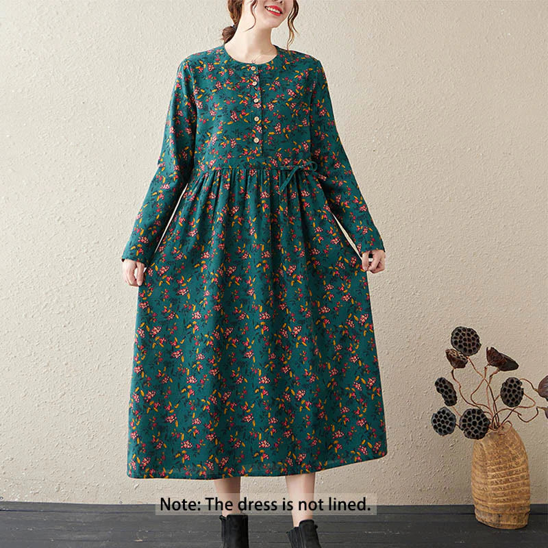 Buddha Stones Ethnic Printing Floral Long Sleeve Buttons Design Cotton Linen Midi Dress With Pockets