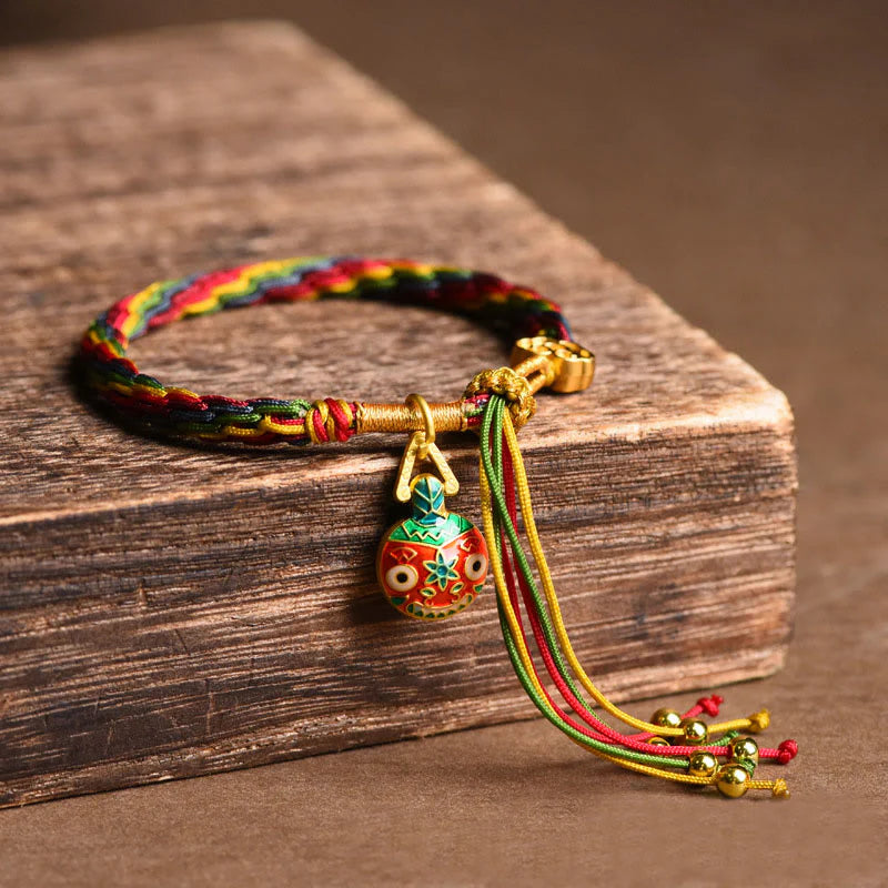 Buddha Stones Tibet Gold Swallowing Beast Family Luck Knot Braid Colorful String Bracelet