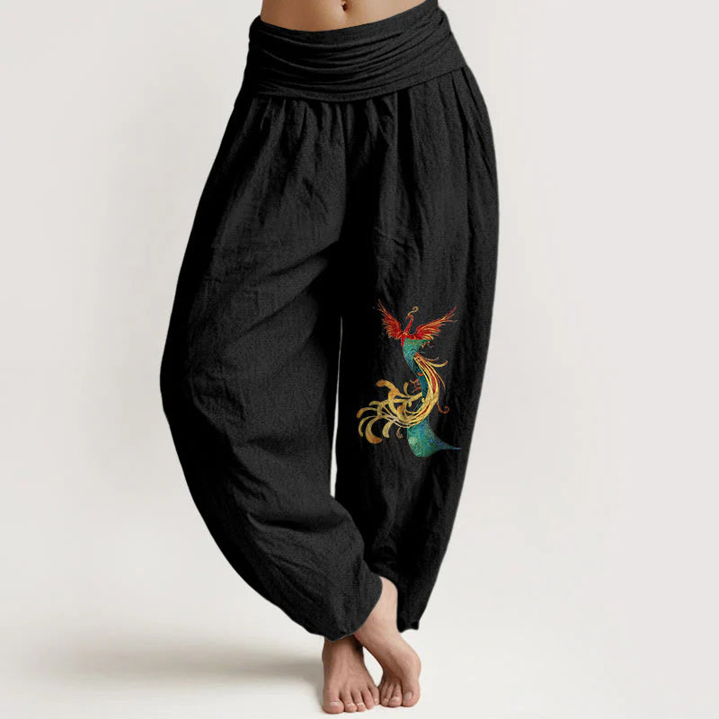 Buddha Stones Women's Pure Cotton Colored Phoenix Pattern Elastic Waist Harem Pants