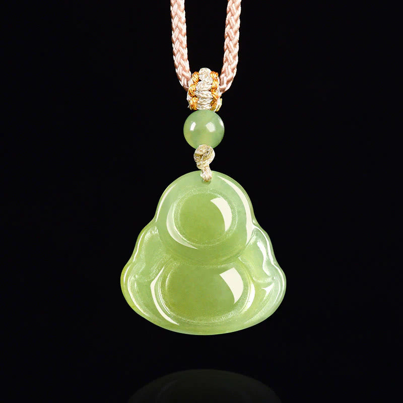 Buddha Stones Green Jade Laughing Buddha Prosperity Rope Necklace Pendant