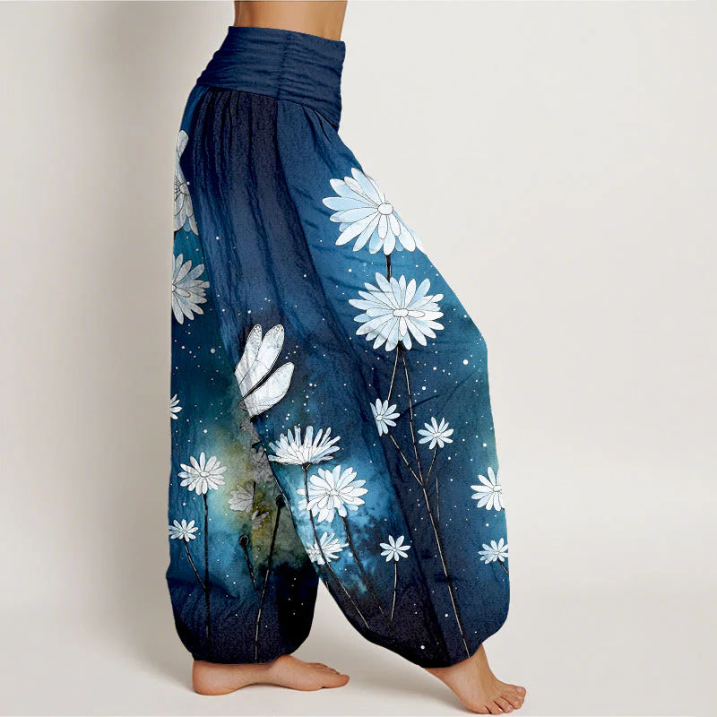 Buddha Stones Cotton Dreamy Daisy Dragonfly Pattern Women's Elastic Waist Harem Pants