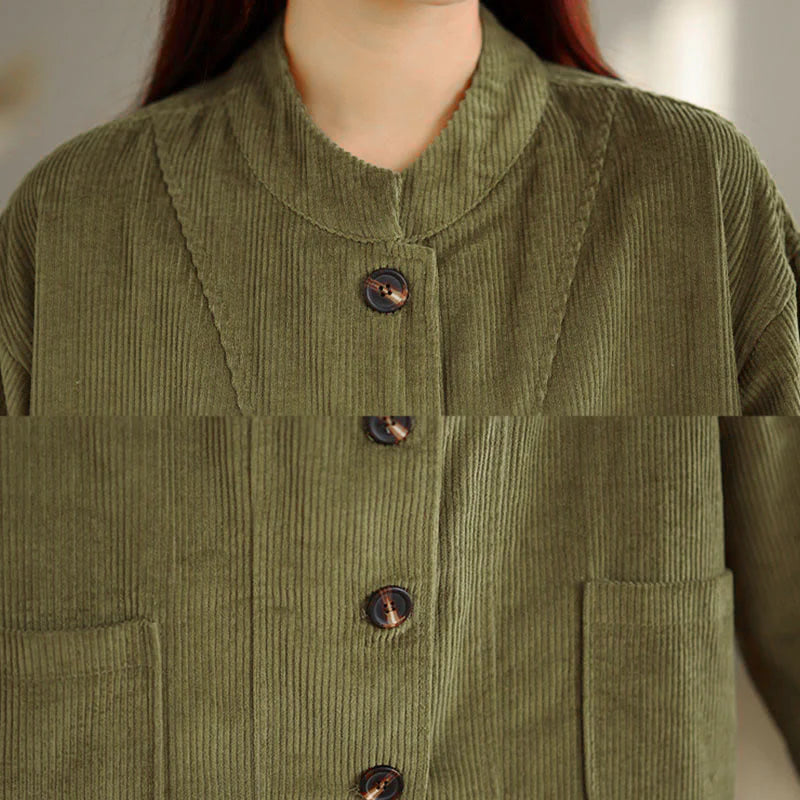 Buddha Stones Buttons Design Corduroy Long Sleeve Women's Jacket With Pockets