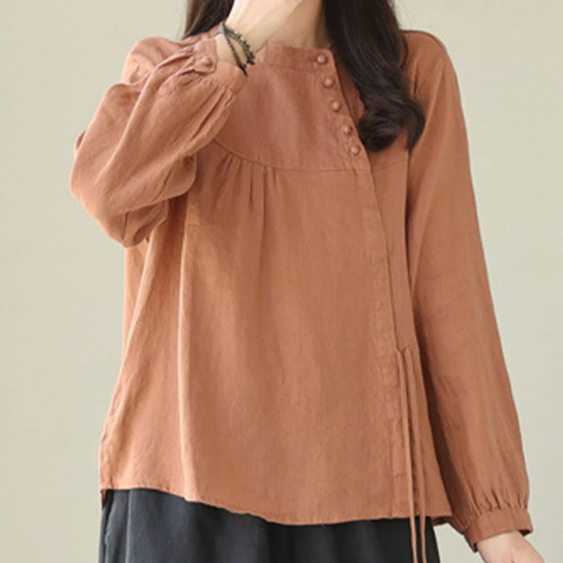 Buddha Stones Fall Casual Solid Color Stand Collar Long Sleeve Cotton Linen Women's Shirt
