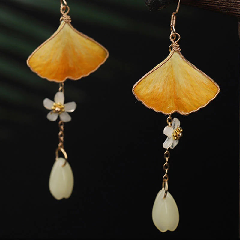 Buddha Stones Handmade Silk Craft Yellow Ginkgo Leaf Copper Hook Good Fortune Dangle Earrings