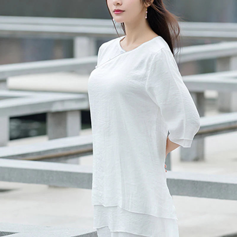 Buddha Stones 2Pcs Simple Design White Top Pants Meditation Yoga Zen Tai Chi Clothing Women's Set