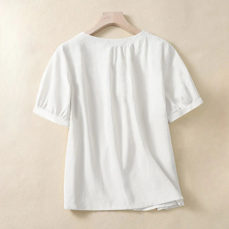 Buddha Stones Casual Women's Plain Crew Neck Button Design Half Sleeve Cotton Linen Shirt