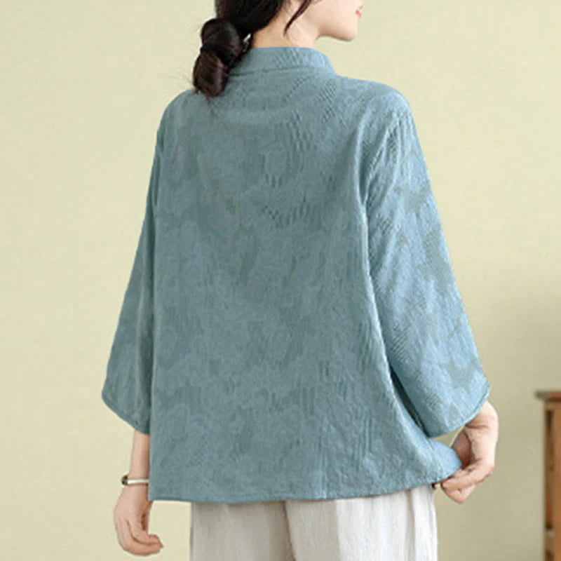 Buddha Stones Flower Embroidery Jacquard Three Quarter Sleeve Frog-Button Cotton Women's Shirt
