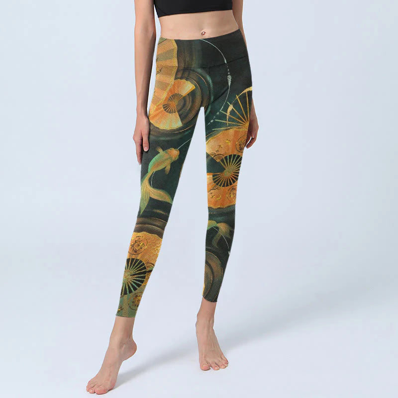 Buddha Stones Gorgeous Folding Fan Koi Fish Print Gym Leggings Women's Yoga Pants