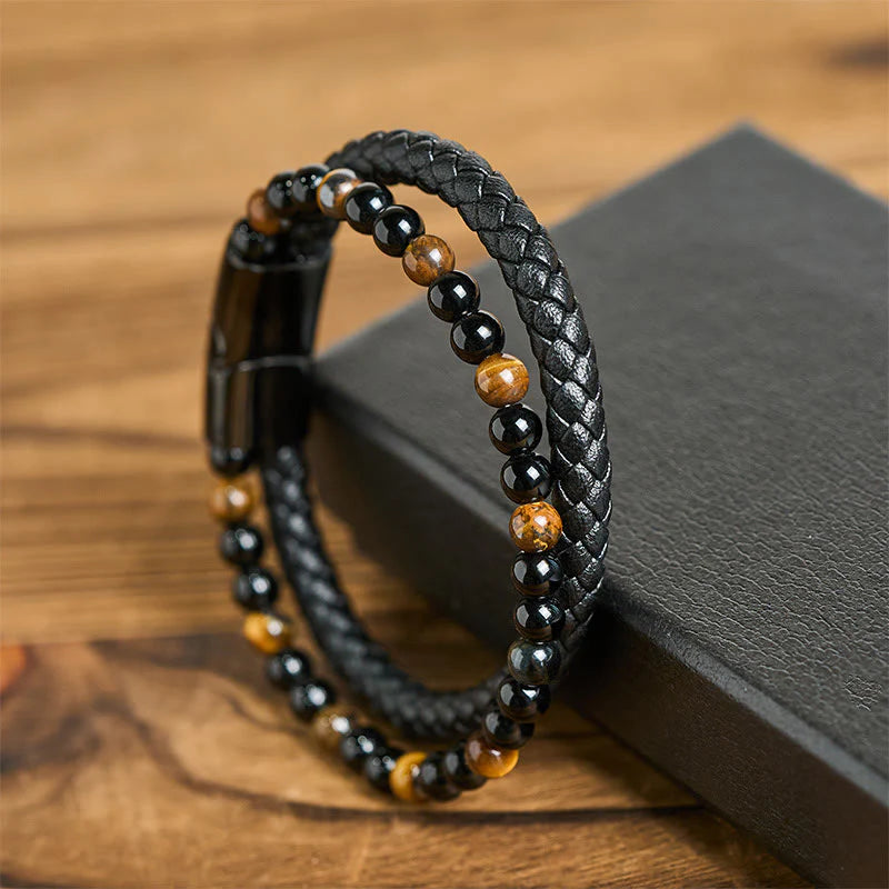 Buddha Stones Black Onyx Tiger Eye Titanium Steel Leather Protection Bracelet