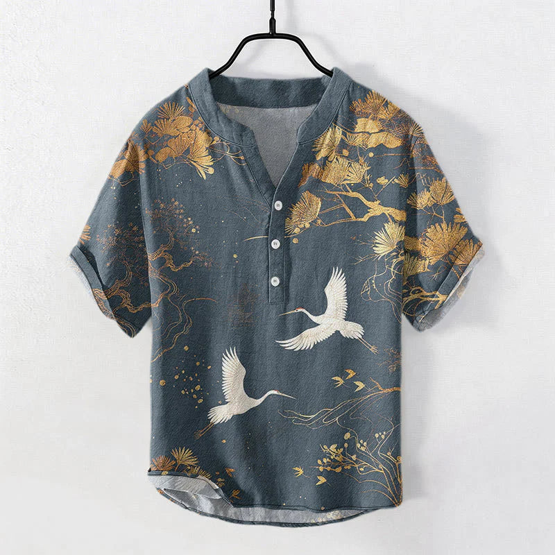 Buddha Stones Cotton Pine Tree White Crane Pattern Men's Short Sleeve Half Button Shirt