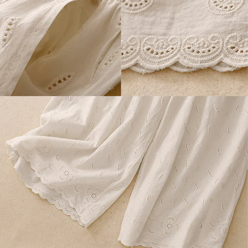 Buddha Stones Summer Vintage Embroidery Lace Hem Patchwork Design Women's Wide Leg Cotton Pants With Pockets