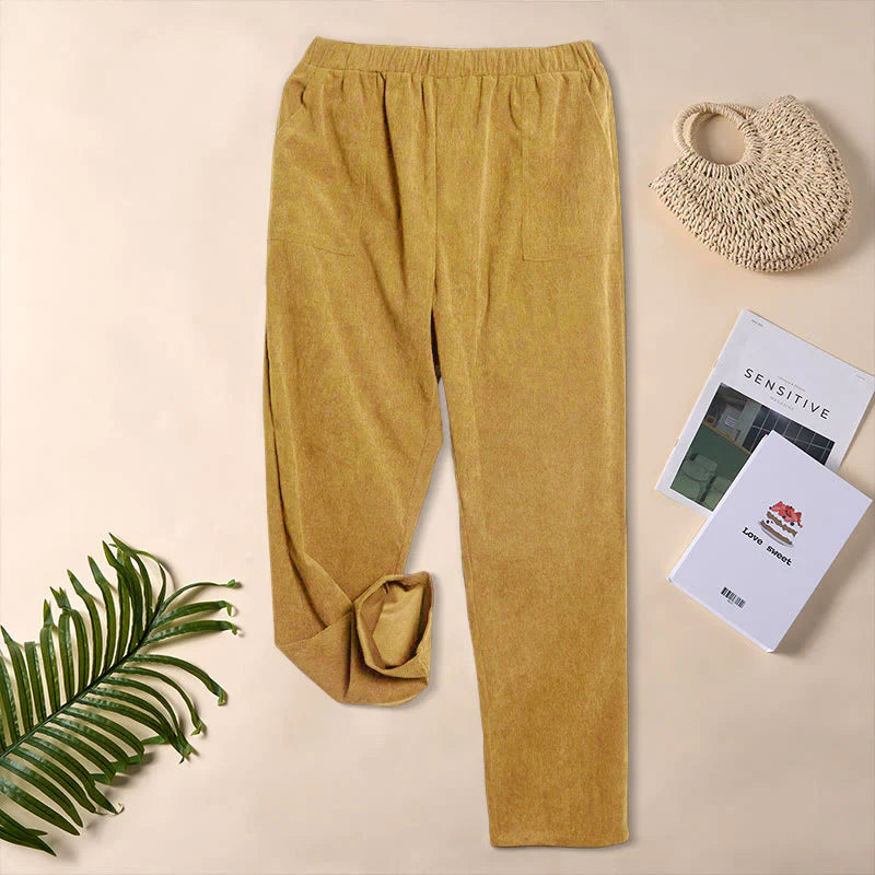 Buddha Stones Women's Commute Pure Color Corduroy Pants With Pockets
