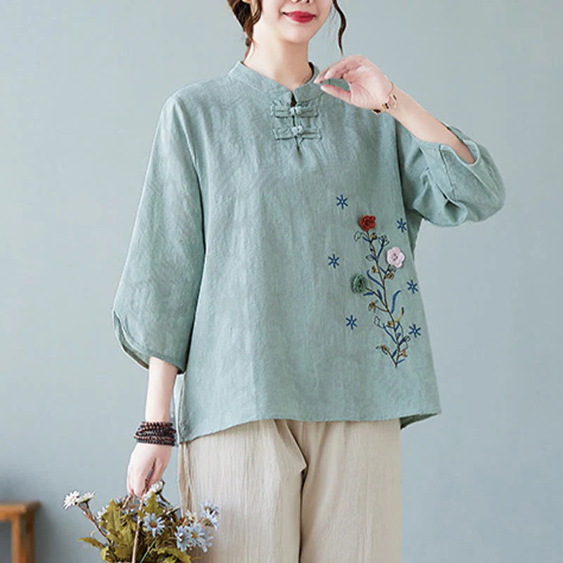 Buddha Stones Vintage Summer Stereoscopic Flower Embroidery Three Quarter Sleeve Frog-Button Cotton Linen Women's Shirt
