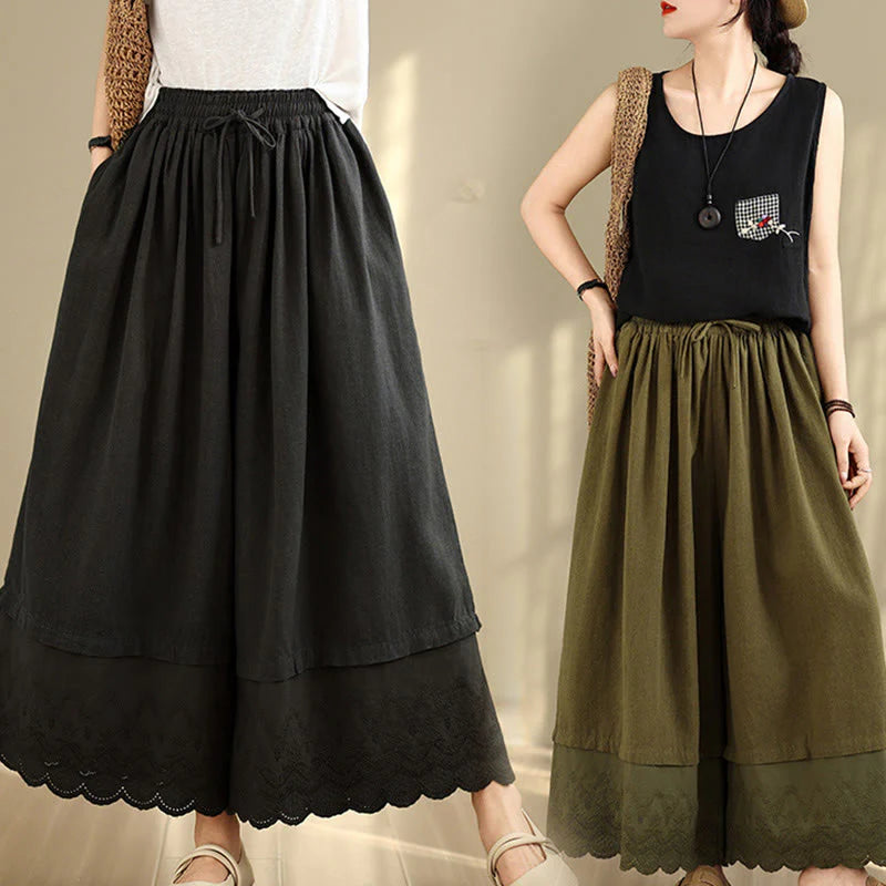 Buddha Stones Spring Embroidery Lace Hem Patchwork Drawstring Design Women's Wide Leg Cotton Pants With Pockets