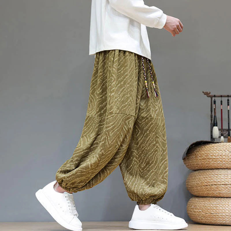 Buddha Stones Fall Texture Drawstring Design Corduroy Cotton Linen Men's Harem Pants With Pockets