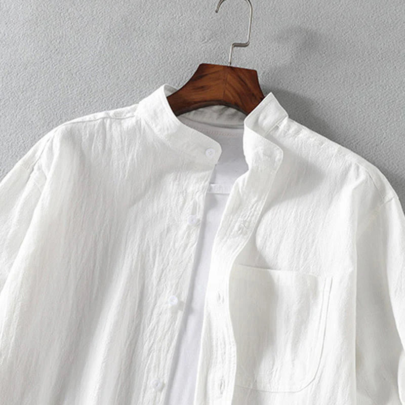 Buddha Stones Summer Solid Men's Buttons Half Sleeve Cotton Linen Shirt