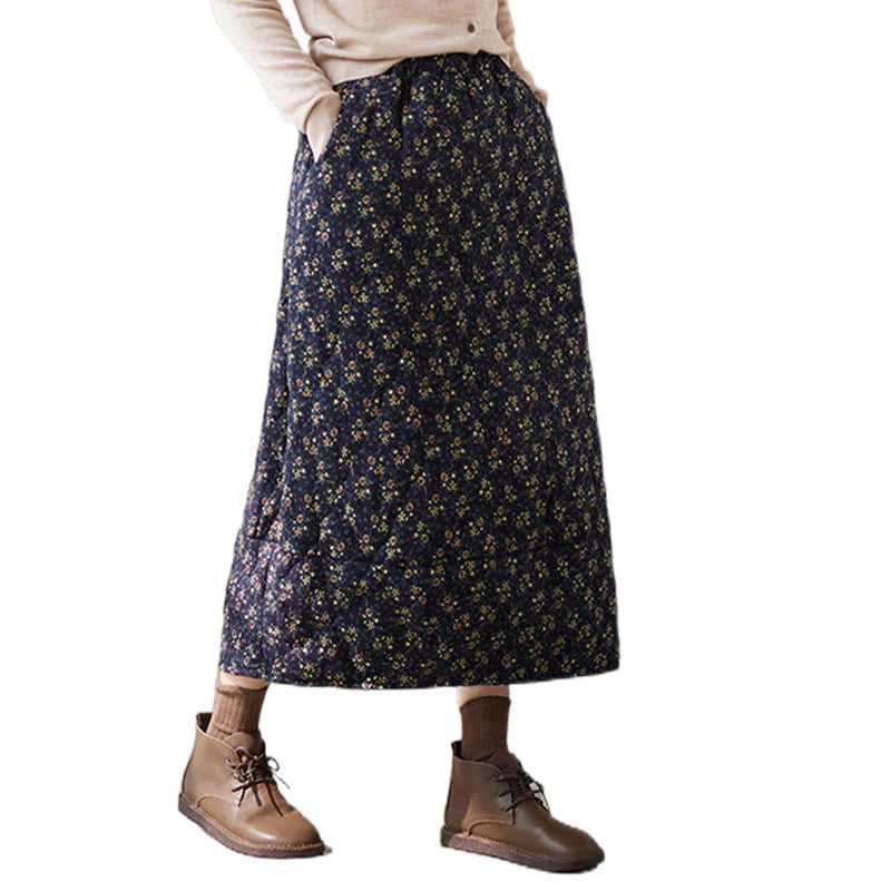 Buddha Stones Vintage Floral Pattern Elastic Waist Cotton Women's Midi Skirt With Pockets