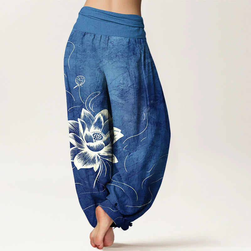 Buddha Stones Pure Cotton Lotus Flower Pattern Women's Elastic Waist Harem Pants