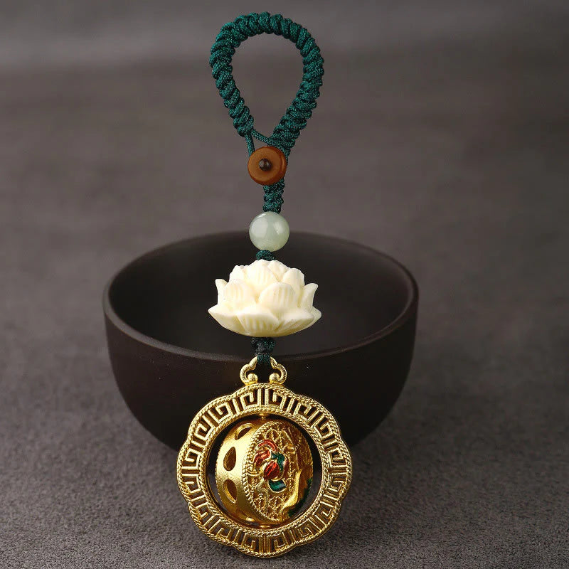 Buddha Stones Bodhi Seed Lotus Hetian Jade Bead Copper Rotatable Peace Key Chain