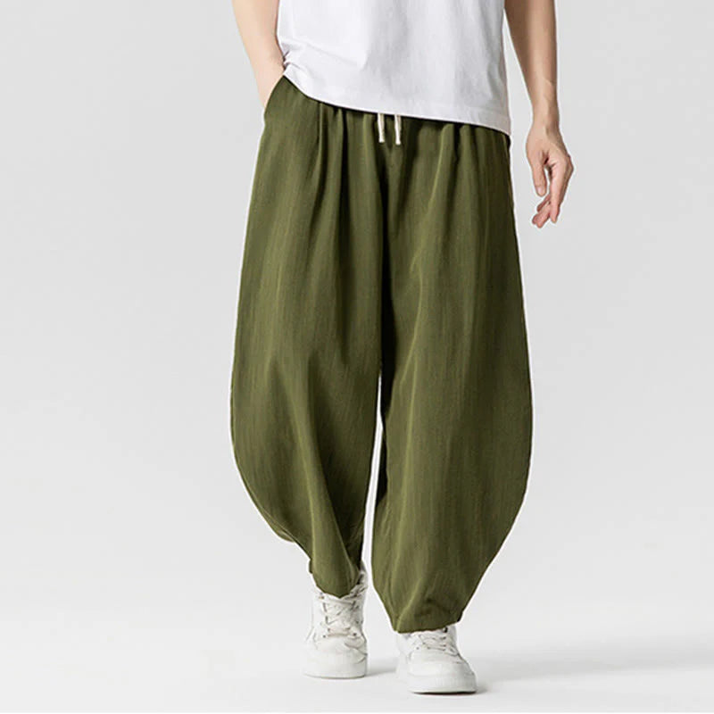Buddha Stones Summer Pure Color Drawstring Men's Cotton Ankle-Length Pants With Pockets