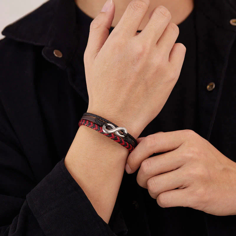 Buddha Stones Infinitely Design Titanium Steel Braided Three-layer Leather Balance Bracelet