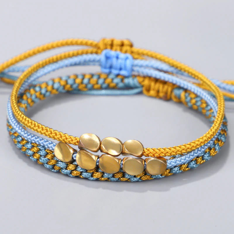 Buddha Stones 3Pcs Blue Yellow String Golden Copper Beads Healing Bracelet