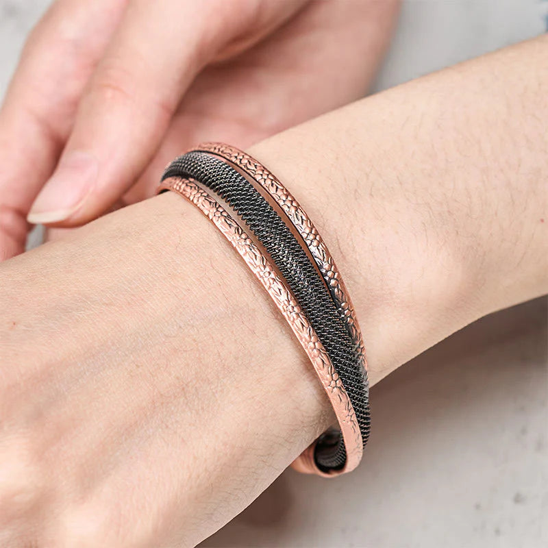 Buddha Stones Retro Textured Flower Pattern Twisted Copper Balance Luck Open Cuff Bracelet Bangle