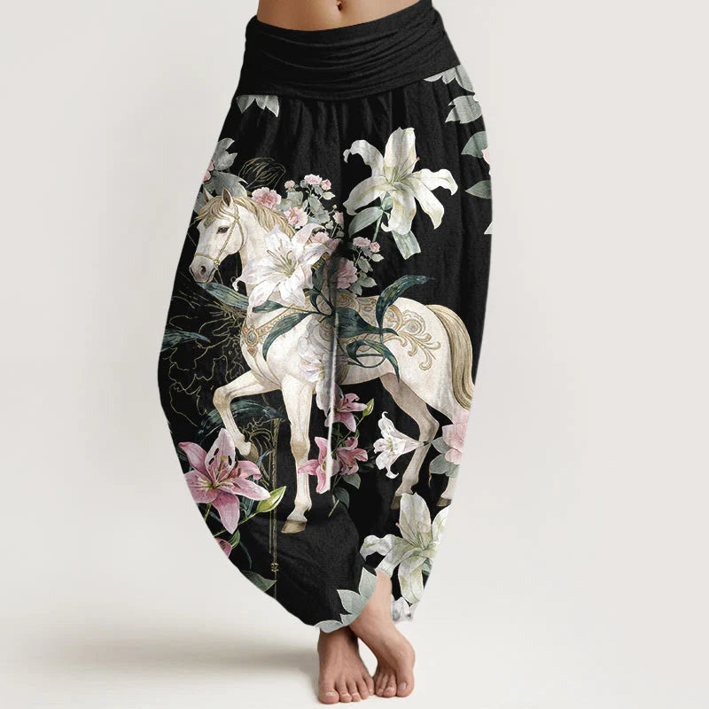 Buddha Stones Pure Cotton Romantic Horse Lily Peony Pattern Women's Elastic Waist Harem Pants