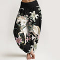 Buddha Stones Pure Cotton Romantic Horse Lily Peony Pattern Women's Elastic Waist Harem Pants