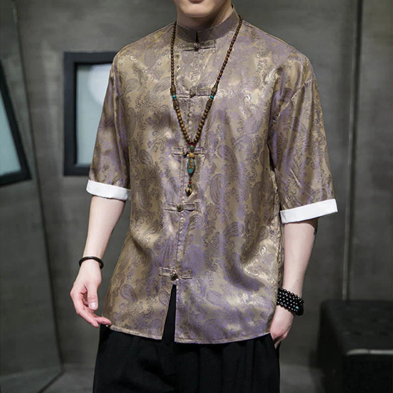 Buddha Stones Summer Cashew Flowers Pattern Men's Frog-Button Half Sleeve Shirts