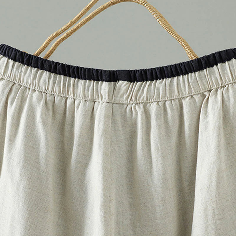 Buddha Stones Winter Contrasting Drawstring Cotton Linen Women's Wide Leg Pants With Pockets
