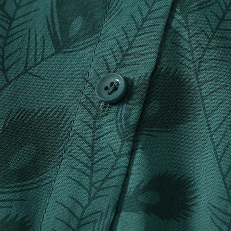 Buddha Stones Spring Grass Vines Print Buttons Design Long Sleeve Midi Dress With Pockets