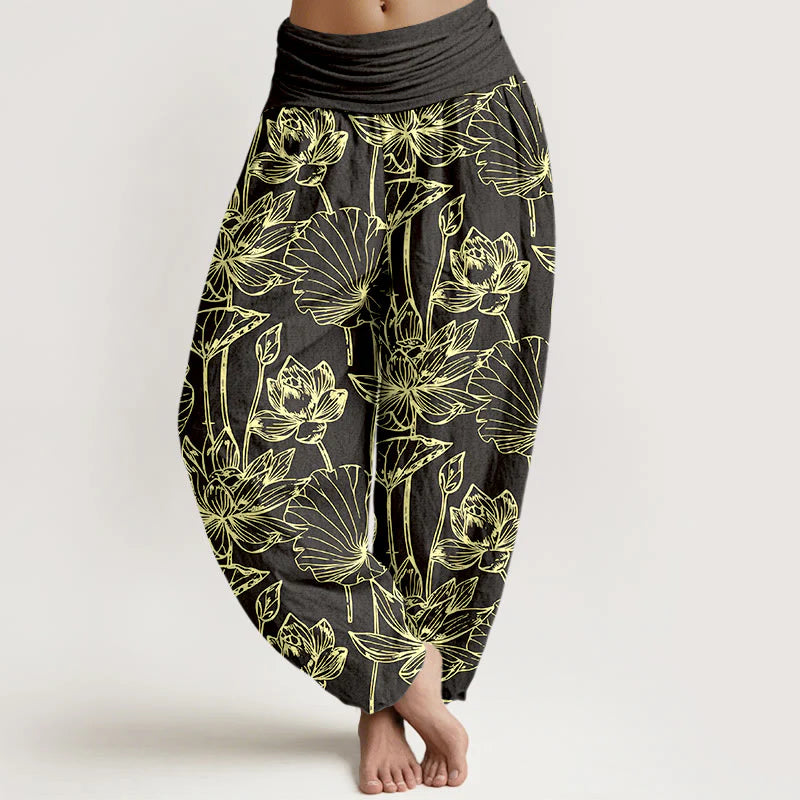 Buddha Stones Cotton Elegant Refined Lotus Flower Leaf Pattern Women's Elastic Waist Harem Pants