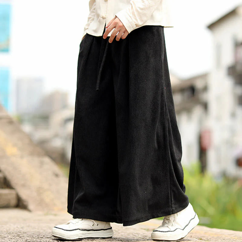 Buddha Stones Fall Solid Color Drawstring Design Men's Corduroy Wide Leg Pants With Pockets