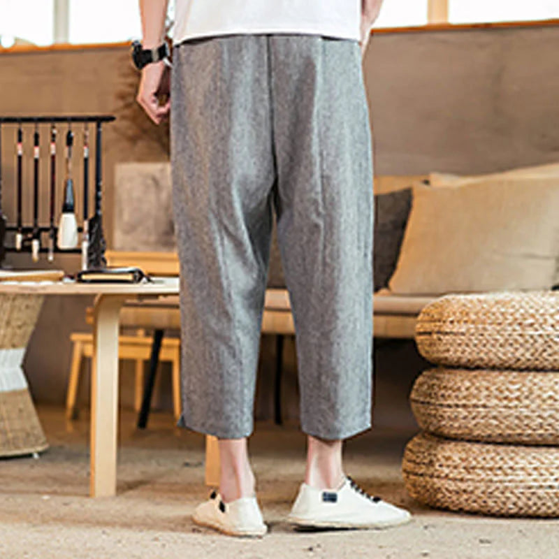 Buddha Stones Casual Solid Color Drawstring Men's Elastic Waistband Cotton Linen Pants With Pockets