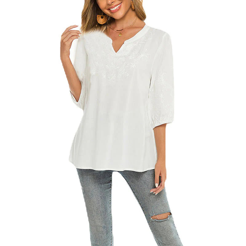 Buddha Stones Casual Solid Color Embroidery Flower Three Quarter Sleeve V-Neck Women's T-Shirt