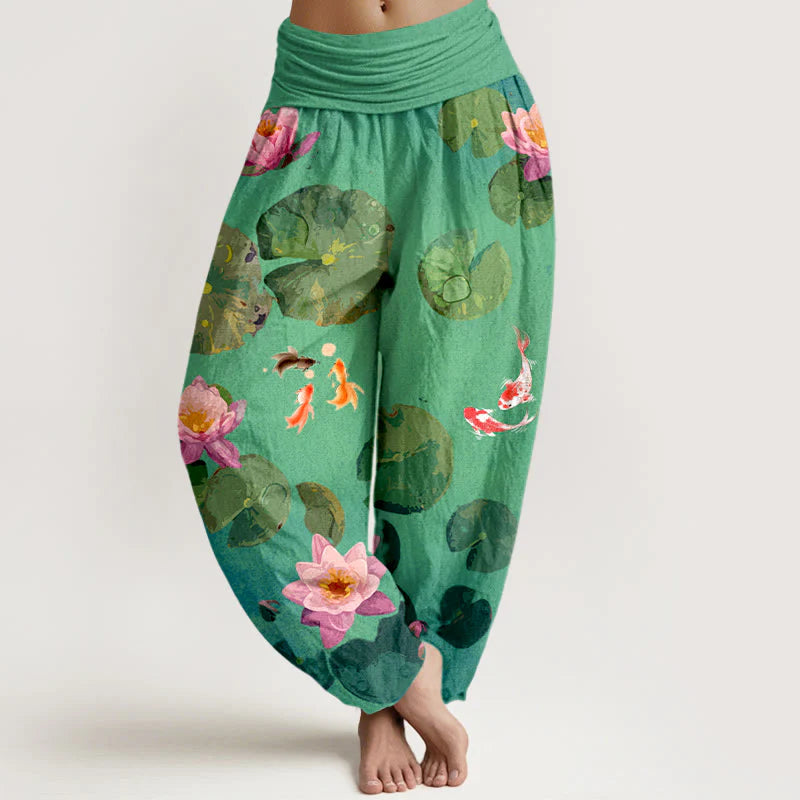 Buddha Stones Print Koi Fish Lotus Flowers Pattern Women's Elastic Waist Harem Pure Cotton Pants