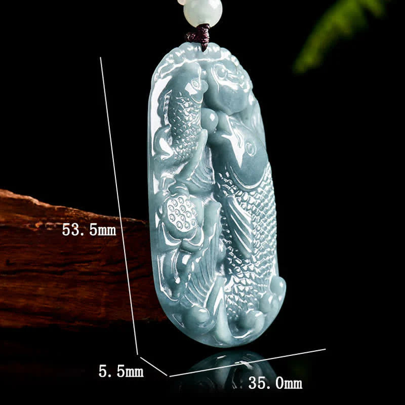 Buddha Stones Natural Jade Carving Double Koi Fish Rope Prosperity Necklace Pendant