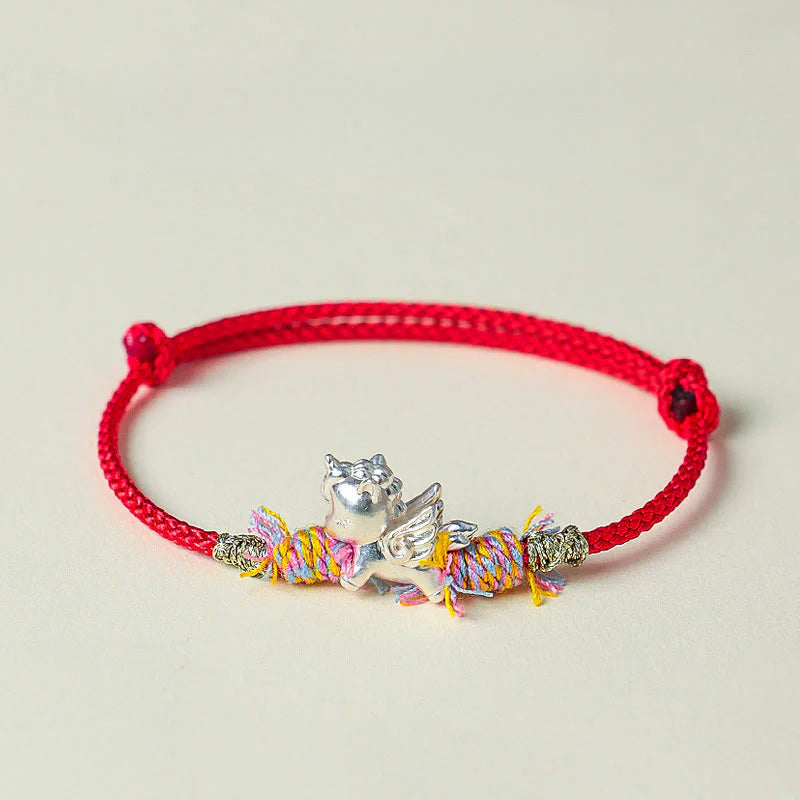 Buddha Stones Year of the Horse 999 Sterling Silver Winged Horse Fu Character Red String Luck Bracelet