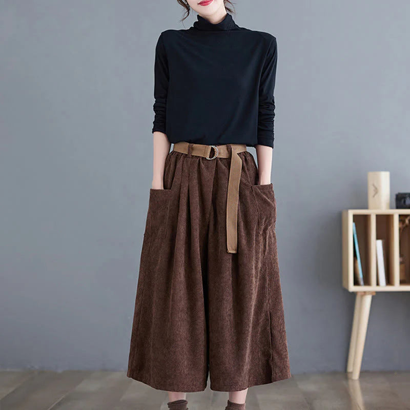 Buddha Stones Retro Women's Wide Leg 7-8 Length Corduroy Pants With Pockets Belt