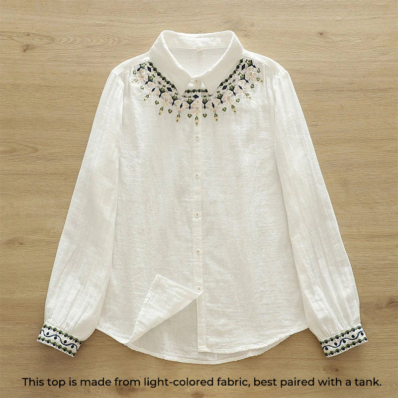 Buddha Stones Fall White Geometric Embroidery Buttons Women's Cotton Long Sleeve Shirt