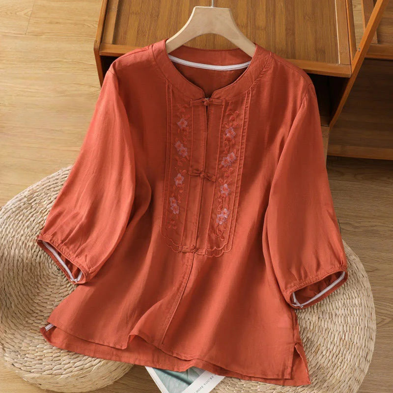 Buddha Stones Casual Embroidery Frog-Button Cotton Polyester Half Sleeve Women's Stand Collar Shirt