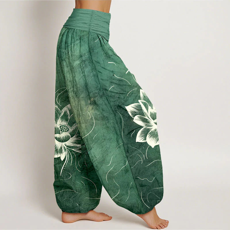 Buddha Stones Pure Cotton Lotus Flower Pattern Women's Elastic Waist Harem Pants