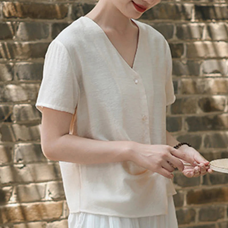 Buddha Stones Button Irregular Design V-Neck Cotton Linen Women's Short Sleeve Shirt